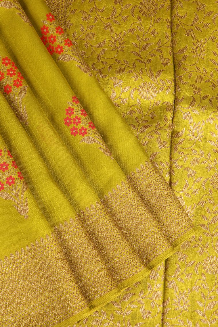 Lime Yellow Banaras Sarees with Copper Zari Floral Patterns view 1