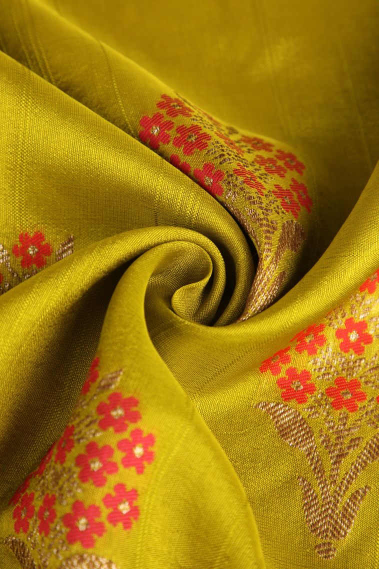 Lime Yellow Banaras Sarees with Copper Zari Floral Patterns view 4