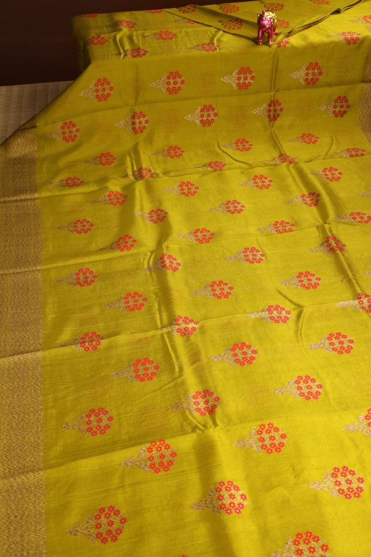 Lime Yellow Banaras Sarees with Copper Zari Floral Patterns view 2