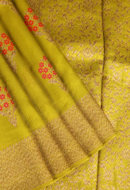 Lime Yellow Banaras Sarees with Copper Zari Floral Patterns