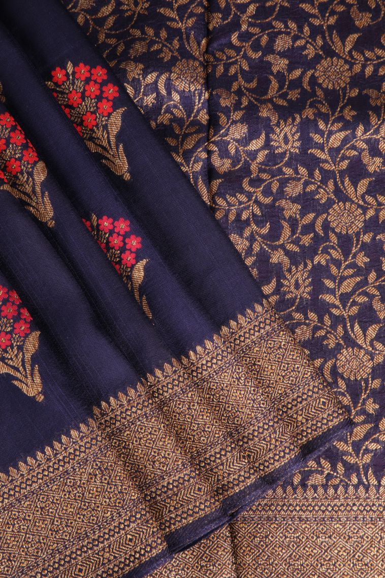Indigo Blue Banaras Sarees with Copper Zari Floral Patterns view 1