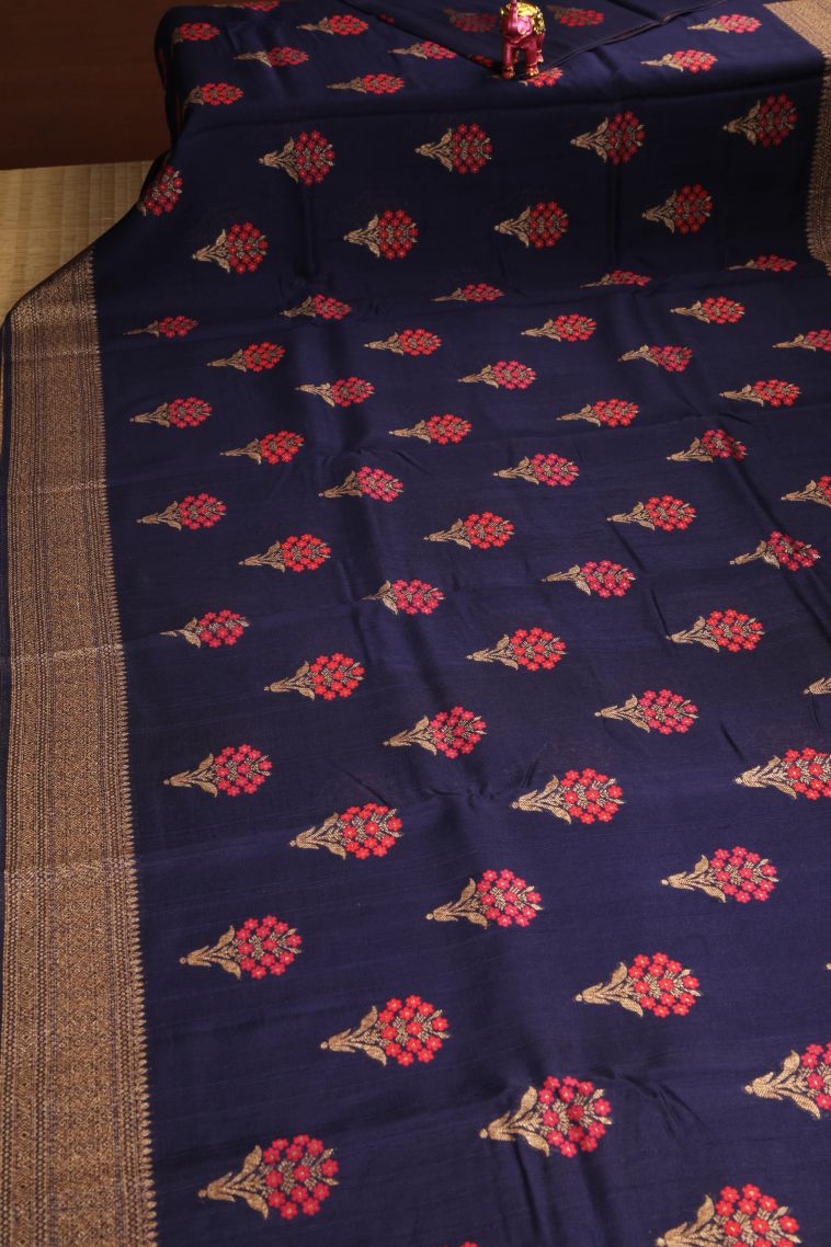 Indigo Blue Banaras Sarees with Copper Zari Floral Patterns view 2
