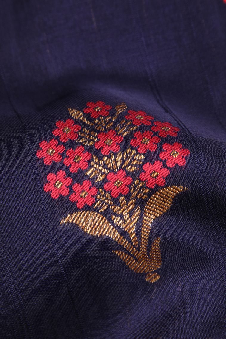 Indigo Blue Banaras Sarees with Copper Zari Floral Patterns view 4