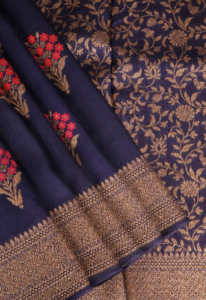 Indigo Blue Banaras Sarees with Copper Zari Floral Patterns