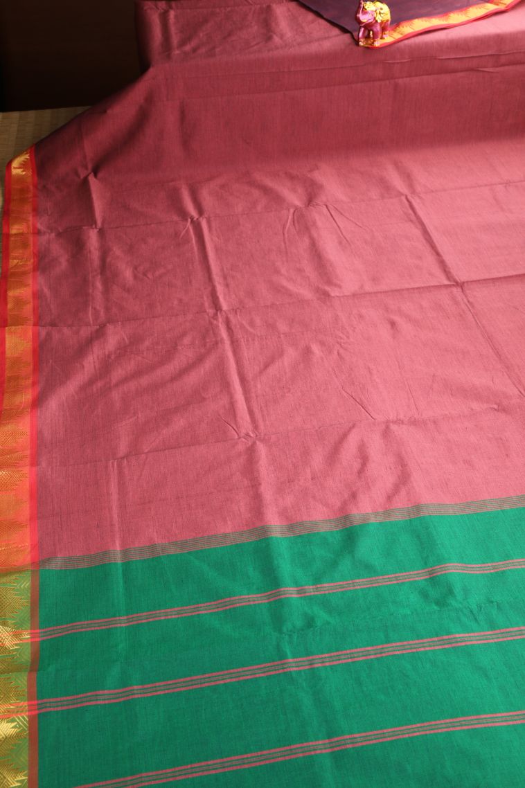 Blush Red Poly Cotton Sarees Gold Zari with Plain view 2
