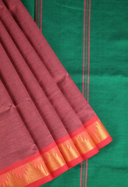 Blush Red Poly Cotton Sarees Gold Zari with Plain