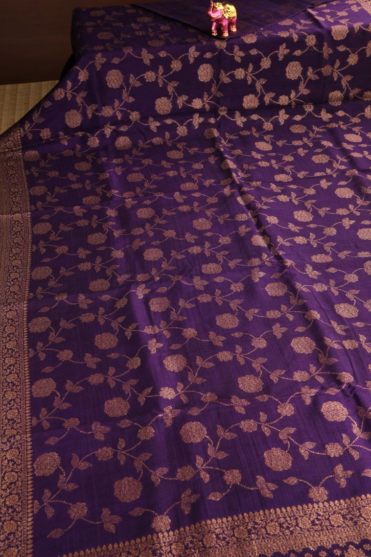 Viola Purple Banaras Sarees Antic Zari with Floral Patterns view 2