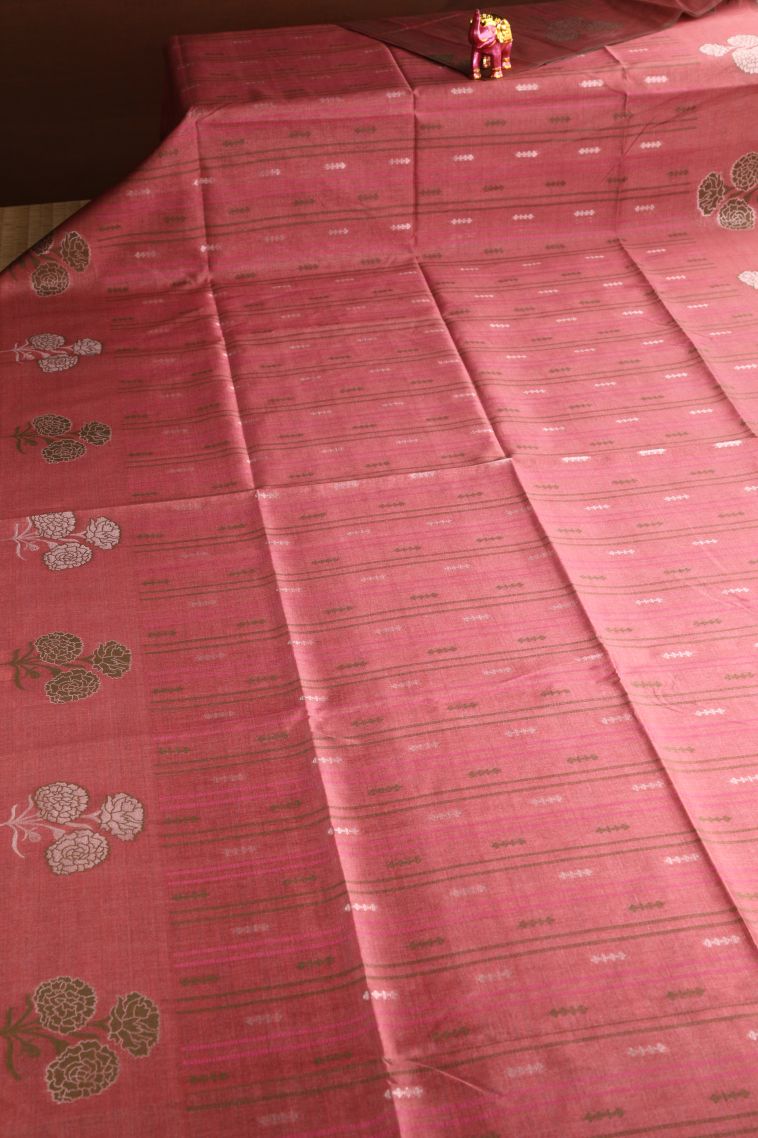 Blush Red Semi Tussar Silk with Silver Zari Stripes view 2
