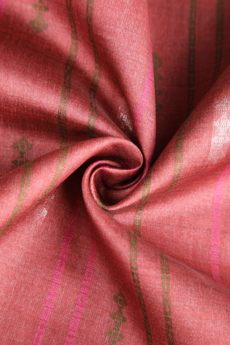 Blush Red Semi Tussar Silk with Silver Zari Stripes view 4