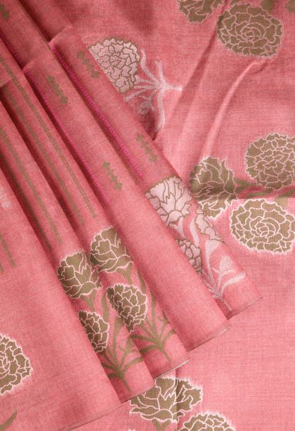 Blush Red Semi Tussar Silk with Silver Zari Stripes