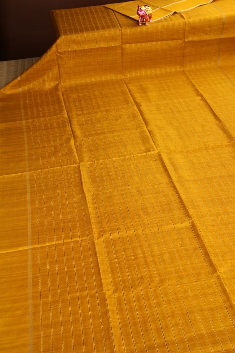 Merigold Orange Semi Tussar Silk Gold Zari with Stripes view 2