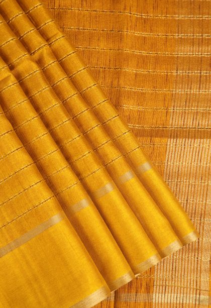 Merigold Orange Semi Tussar Silk Gold Zari with Stripes