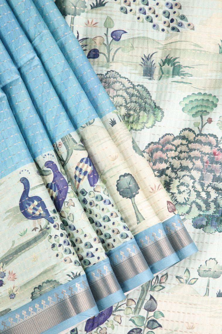Sky Blue Semi Tussar Silk Gold Zari with Zari Puttas