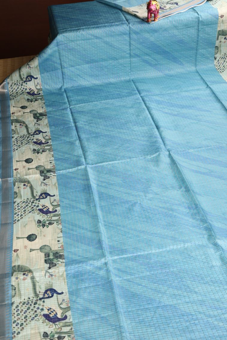 Sky Blue Semi Tussar Silk Gold Zari with Zari Puttas view 2