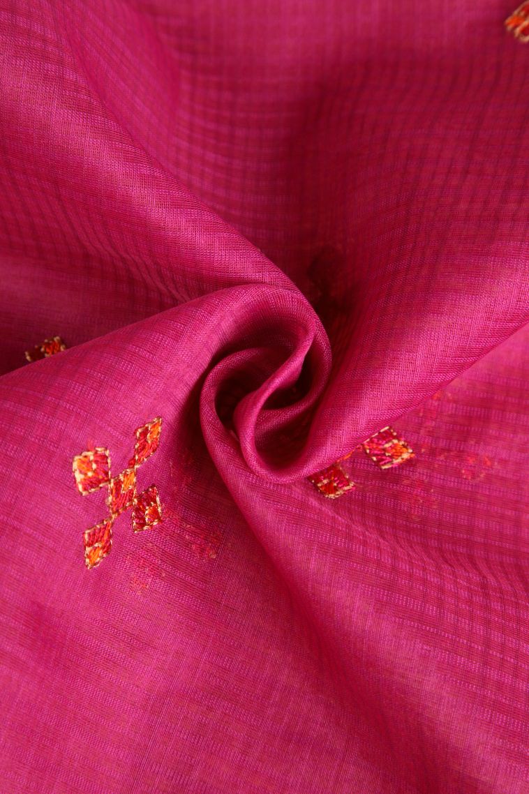 Magenta Pink Manipuri Cotton Sarees Gold Zari with Floral Puttas view 4