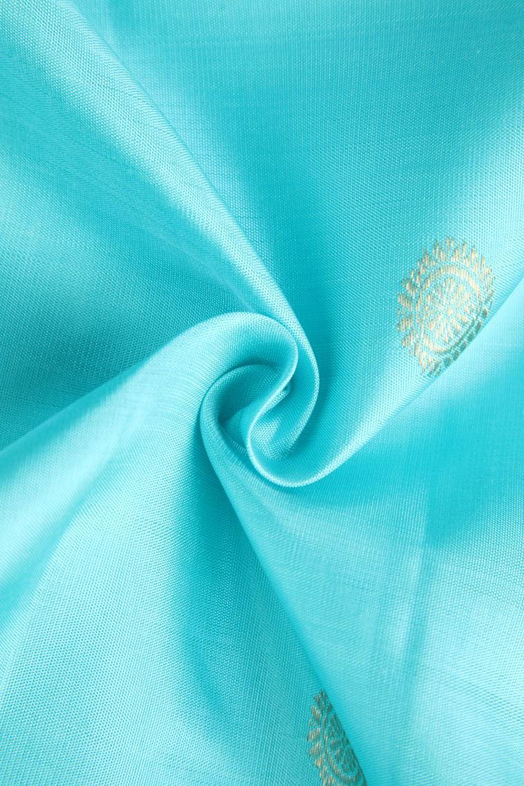 Arctic Blue Kanchipuram Silk Sarees with Gold Zari Peacock And Rudhractam view 4