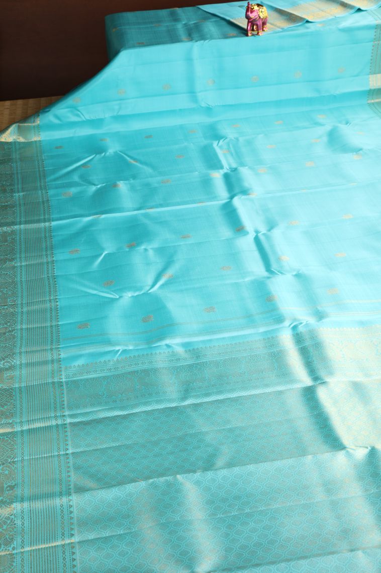 Arctic Blue Kanchipuram Silk Sarees with Gold Zari Peacock And Rudhractam view 2