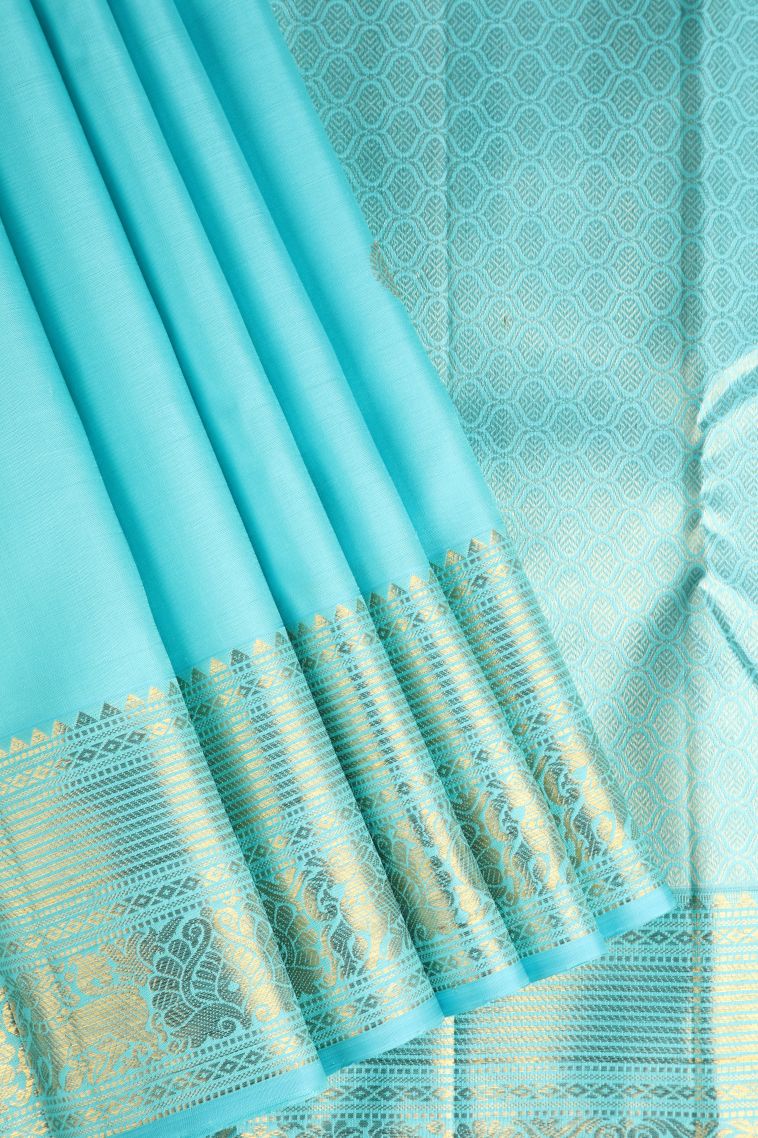 Arctic Blue Kanchipuram Silk Sarees with Gold Zari Peacock And Rudhractam view 1
