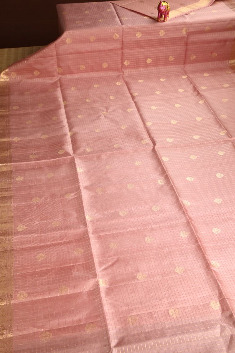 Salmon Pink Soft Silk Saree with Gold Zari Floral Puttas view 2