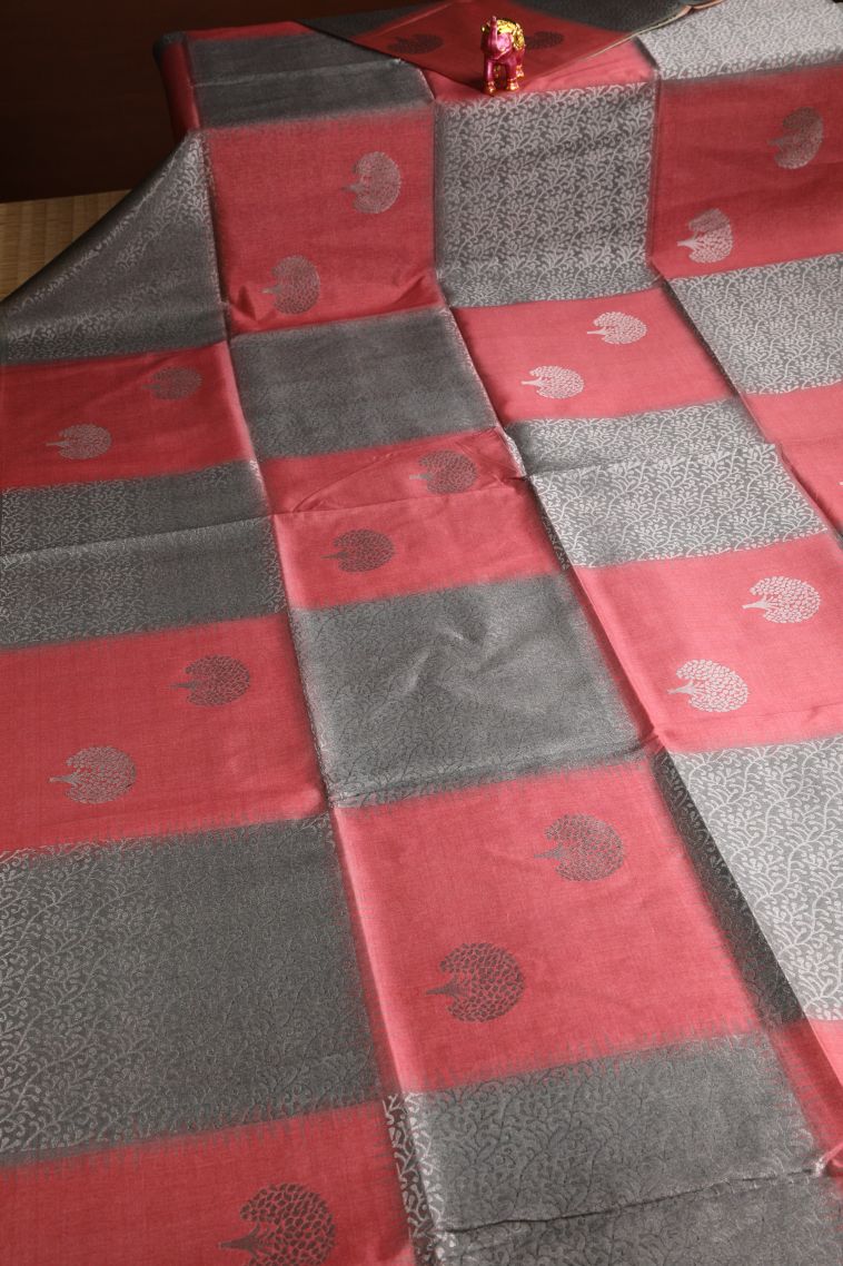 Gray Black Semi Tussar Silk with Antic Zari Tree Mottif view 2