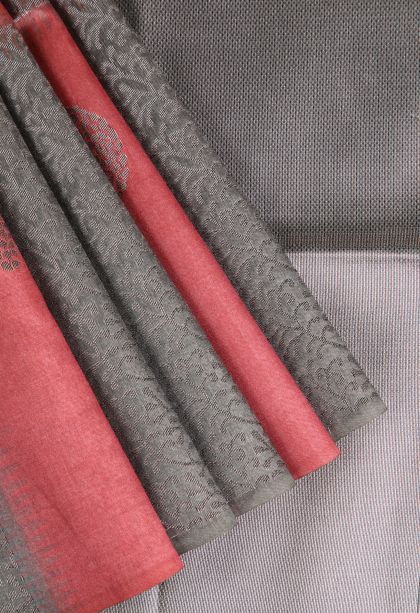 Gray Black Semi Tussar Silk with Antic Zari Tree Mottif