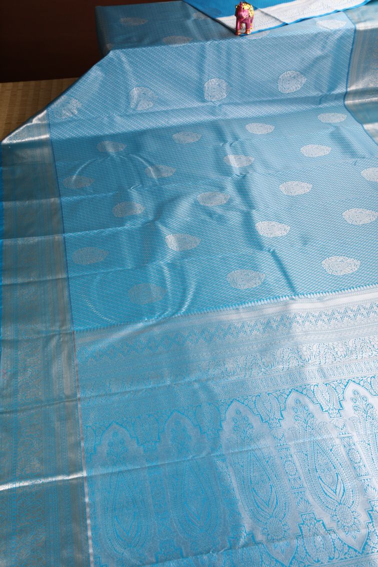 Cerulean Blue Apoorva Silk Sarees Silver Zari with Floral Puttas view 2