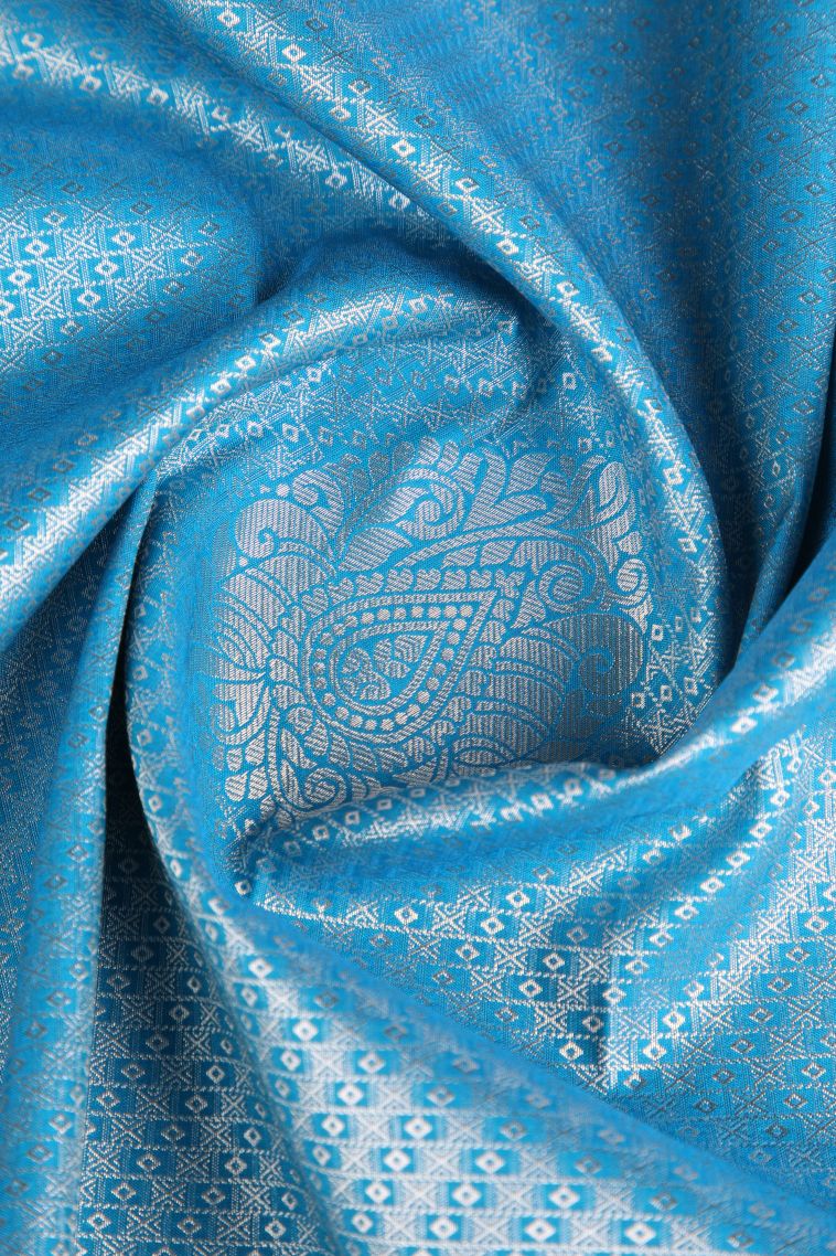 Cerulean Blue Apoorva Silk Sarees Silver Zari with Floral Puttas view 4