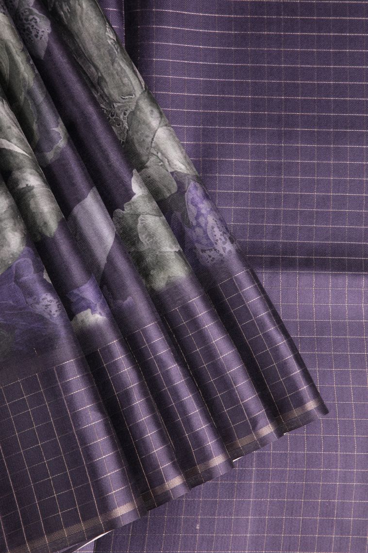 Berry Blue Jute Sarees with Silver Zari Floral Patterns view 1