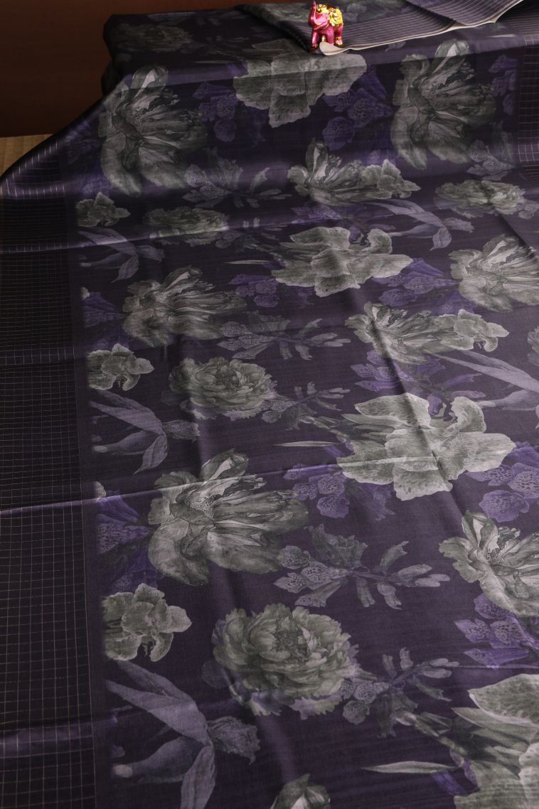 Berry Blue Jute Sarees with Silver Zari Floral Patterns view 2
