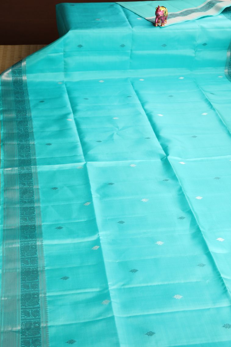 Sky Blue Soft Silk Saree with Silver Zari Floral Puttas view 2