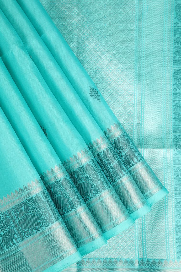 Sky Blue Soft Silk Saree with Silver Zari Floral Puttas view 1