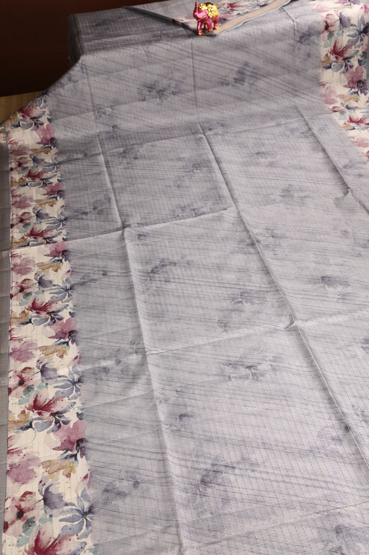 Gray Black Semi Tussar Silk Gold Zari with Floral Patterns view 2