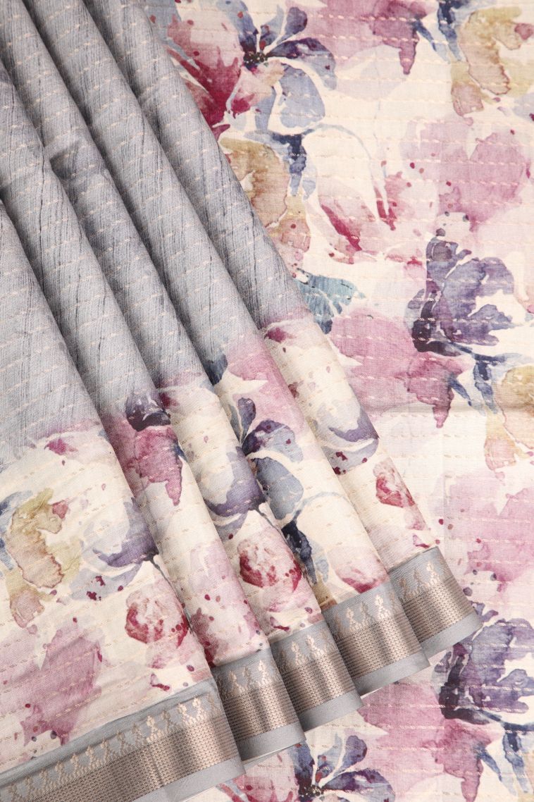 Gray Black Semi Tussar Silk Gold Zari with Floral Patterns