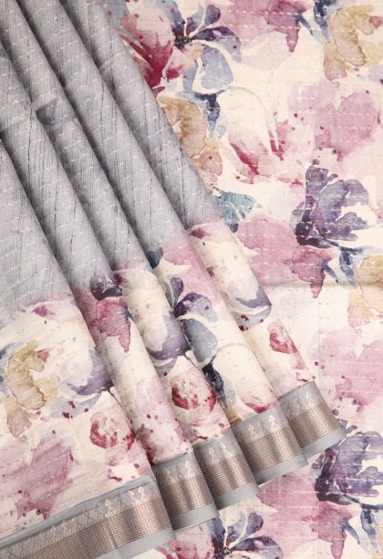 Gray Black Semi Tussar Silk Gold Zari with Floral Patterns