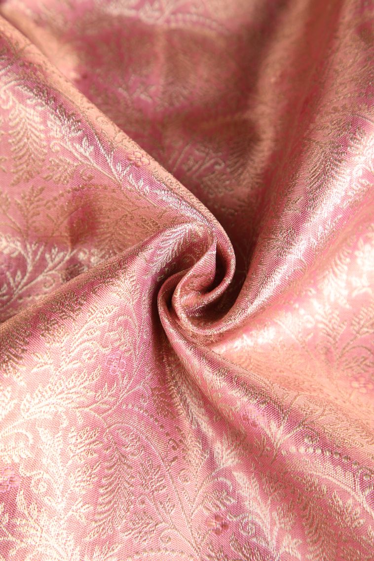 Rose Pink Kanchipuram Silk Sarees with Gold And Silver Zari Leaf Pattern view 4