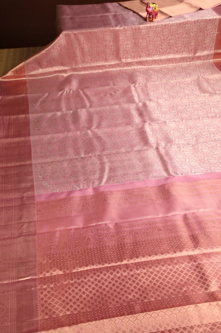 Rose Pink Kanchipuram Silk Sarees with Gold And Silver Zari Leaf Pattern view 2