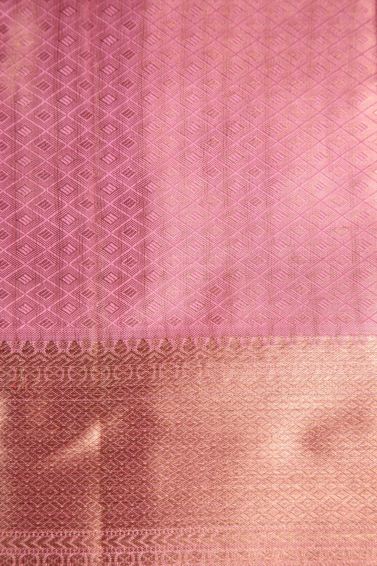 Rose Pink Kanchipuram Silk Sarees with Gold And Silver Zari Leaf Pattern view 3
