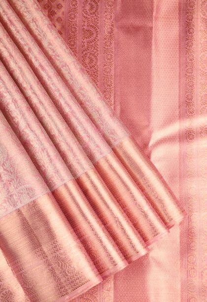 Rose Pink Kanchipuram Silk Sarees with Gold And Silver Zari Leaf Pattern