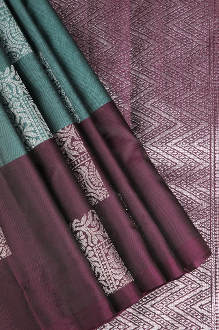 Ocean Blue Soft Silk Saree Silver Zari with Floral Puttas view 1