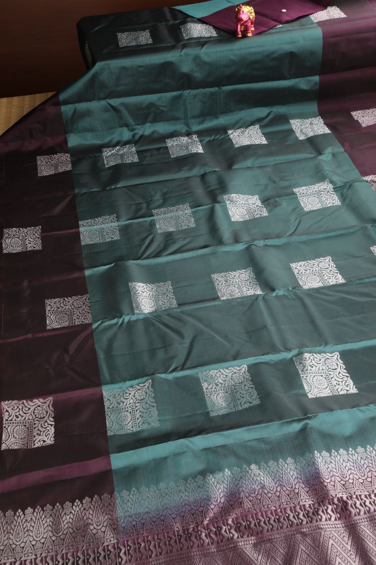 Ocean Blue Soft Silk Saree Silver Zari with Floral Puttas view 2