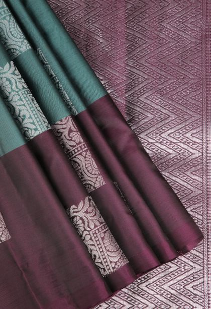 Ocean Blue Soft Silk Saree Silver Zari with Floral Puttas