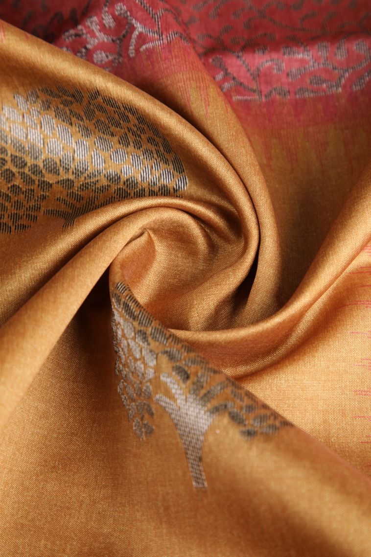 Blush Red Semi Tussar Silk with Antic Zari Tree Mottif view 4