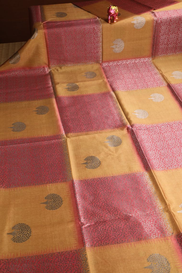 Blush Red Semi Tussar Silk with Antic Zari Tree Mottif view 2