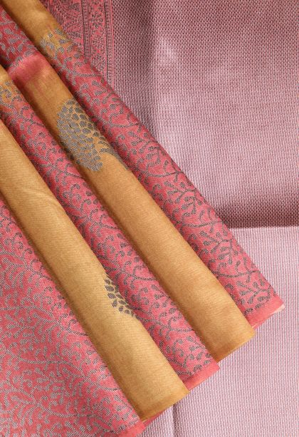 Blush Red Semi Tussar Silk with Antic Zari Tree Mottif