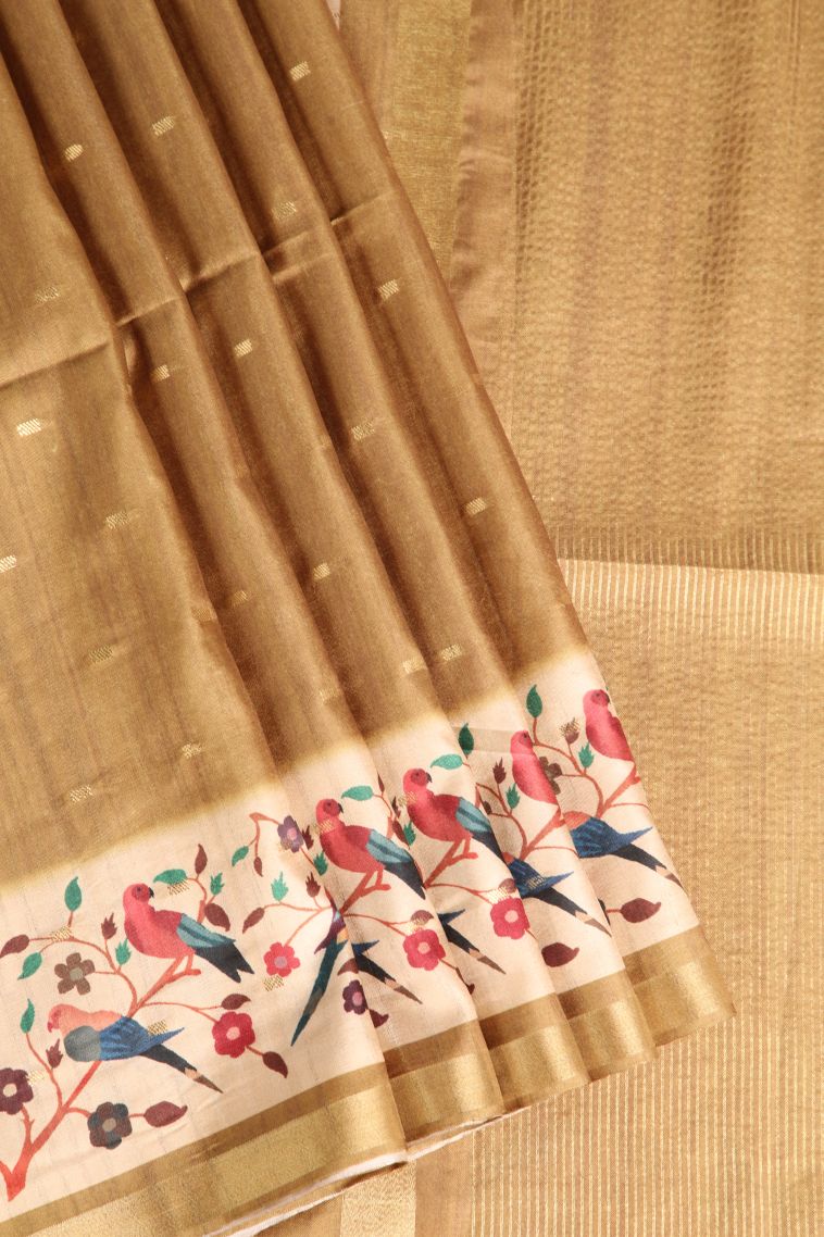 Rich Gold Semi Raw Silk Printed Gold Zari with Zari Puttas view 1