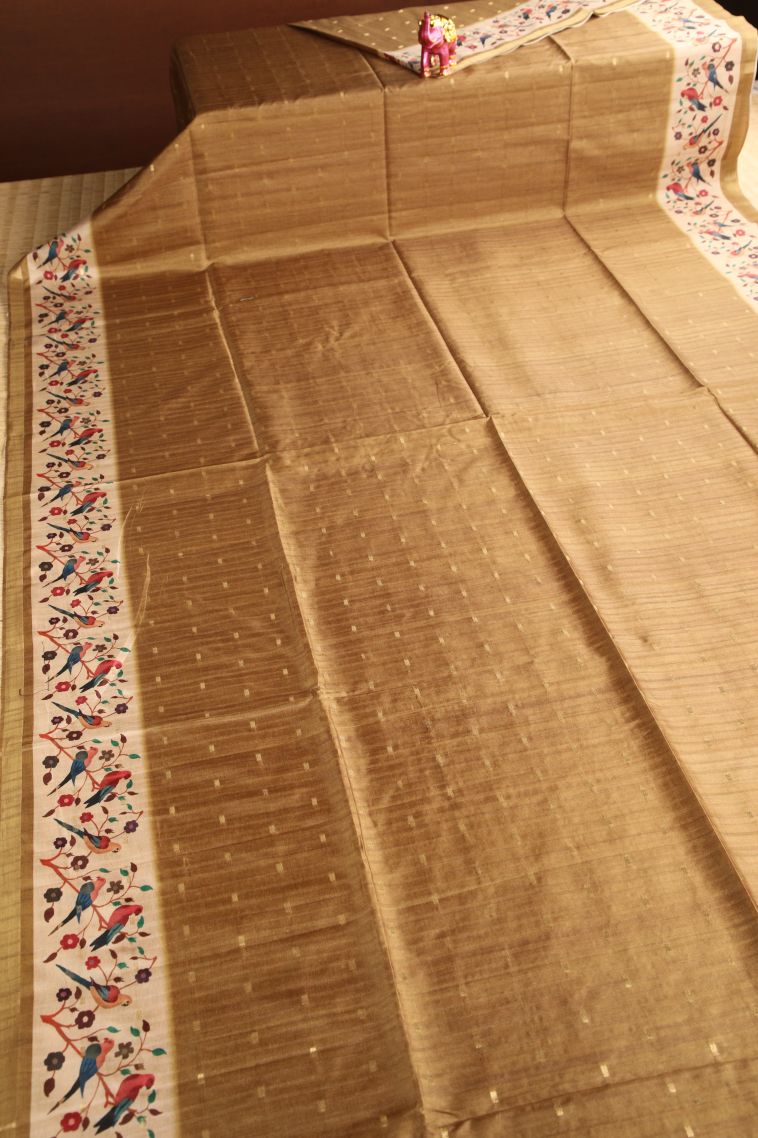 Rich Gold Semi Raw Silk Printed Gold Zari with Zari Puttas view 2