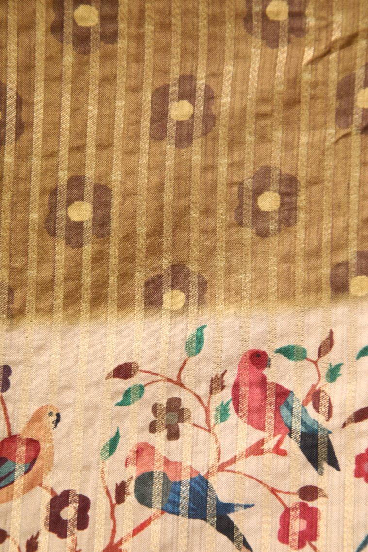 Rich Gold Semi Raw Silk Printed Gold Zari with Zari Puttas view 3