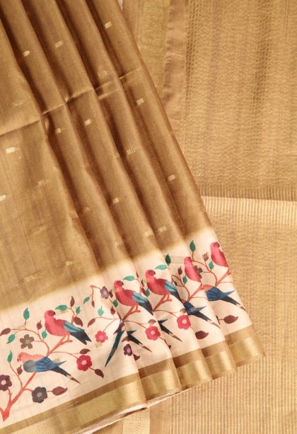 Rich Gold Semi Raw Silk Printed Gold Zari with Zari Puttas