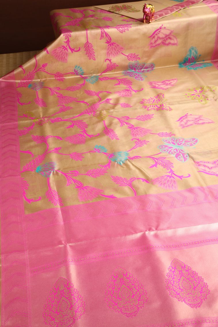 Sepia Yellow Apoorva Silk Sarees with Gold Zari Floral Patterns view 2