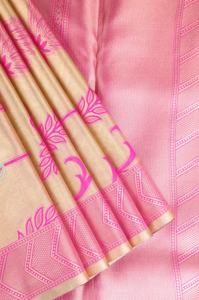 Sepia Yellow Apoorva Silk Sarees with Gold Zari Floral Patterns view 1